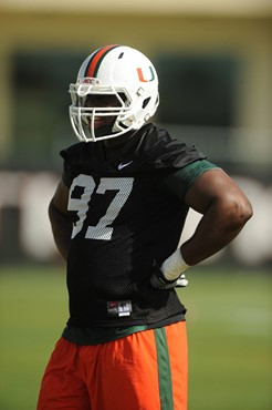 University of Miami defensive end, Adewale Ojomo #97, in his first spring practice at Greentree Practice fields on March 5, 2011 on the University of...