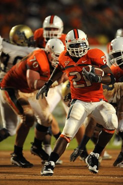 University of Miami Hurricanes running back, Derron Thomas #21, rushed 8 times for 35 yards, caught 1 pass for 19 yards, and scored 1 touchdown in a...
