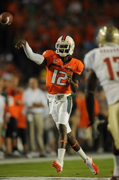 University of Miami Hurricanes quarterback Jacory Harris #12 plays in a game against the Florida State Seminoles at Sun Life Stadium on October 9,...