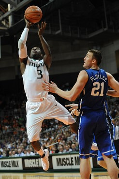 University of Miami Hurricanes guard, Malcolm Grant #3, plays host to the Duke Blue Devils at the BankUnited Center on February 13, 2011. Photo by...