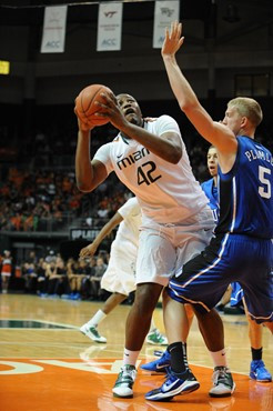 University of Miami Hurricanes center, Reggie Johnson #42, and the Canes play host to the Duke Blue Devils at the BankUnited Center on February 13,...
