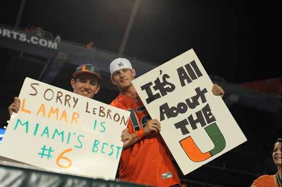 University of Miami Hurricane fans show their team spirit in a game against the Ohio State Buckeyes at Sun Life Stadium on September 17, 2011. Photo...