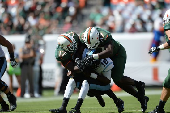 University of Miami Hurricanes linebacker Tyriq McCord #17 plays in a game against the North Carolina Tar Heels at Sun Life Stadium on November 1,...