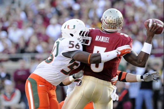 Marcus Robinson sacks E.J. Manuel -- 2011 Miami Hurricanes Football @ Florida State by J.C. CaneShooter Ridley