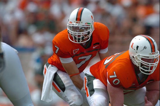 University of Miami quarterback Kirby Freeman #7 completed 9 passes on 21 attempts and rushed 6 times for 25 yards against Marshall at the Orange Bowl...
