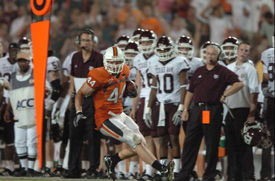 University of Miami linebacker Colin McCarthy #44 in a game against the Texas A&M Aggies at the Orange Bowl on September 20, 2007. The Hurricanes...