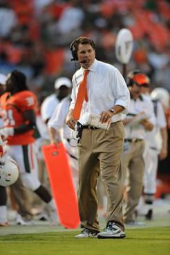 University of Miami Hurricanes head coach Al Golden on the sidelines in a game against the Georgia Tech Yellow Jackets at Sun Life Stadium on October...