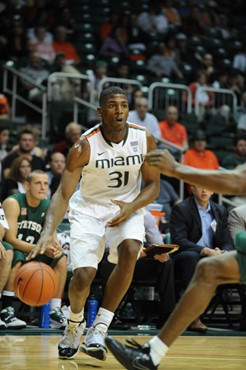 University of Miami Hurricanes guard-forward, DeQuan Jones #31, plays host to the Stetson University Hatters at the BankUnited Center on December 12,...