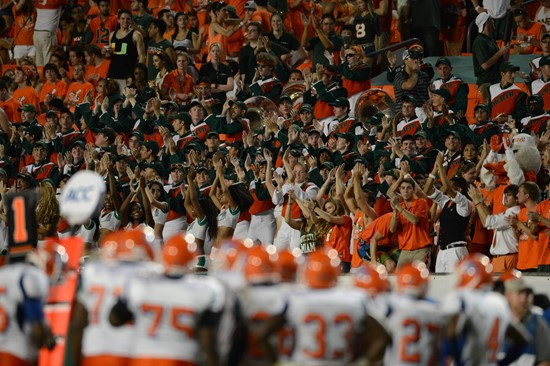 Sebastian the Ibis entertains the University of Miami Hurricane fans during a game against the Savannah State Tigers at Sun Life Stadium on September...