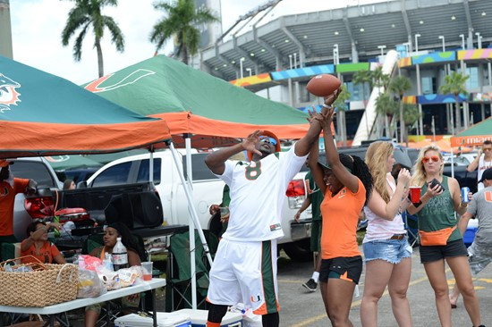 University of Miami Hurricane fans enjoy tailgating before a game against the Arkansas State Red Wolves at Sun Life Stadium on. Photo by Steven...