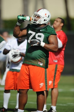 University of Miami Offensive Lineman, Malcolm Bunch #79, in his first spring practice at Greentree Practice fields on March 5, 2011 on the University...