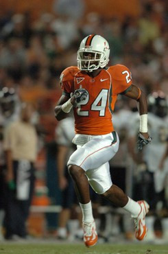 University of Miami Hurricanes defensive back Chavez Grant #24 runs downfield during a kickoff against the Florida International University Golden...