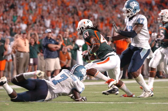 University of Miami Hurricanes wide receiver Laron Byrd #47 plays in a game against the North Carolina Tar Heels at Sun Life Stadium on October 23,...