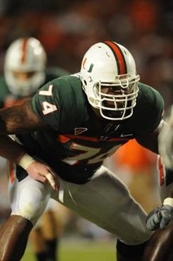 University of Miami Hurricanes offensive lineman Orlando Franklin #74 gets set to block against the Florida A&M Rattlers at Land Shark Stadium on...