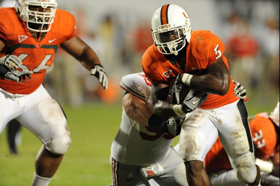 University of Miami Hurricanes running back Mike James #5 carries the ball against the Ohio State Buckeyes at Sun Life Stadium on September 17, 2011....
