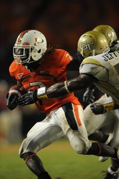 University of Miami Hurricanes running back Graig Cooper #2 carries the ball in a game against the Georgia Tech Yellow Jackets at Land Shark Stadium...