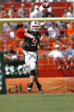 University of Miami quarterback Kyle Wright #3 gets set to take a snap in a game against the Duke University Blue Devils at the Orange Bowl on...