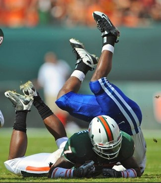 University of Miami Hurricanes defensive back Vaughn Telemaque #7 plays in a game against the Duke Blue Devils at Land Shark Stadium on November 21,...