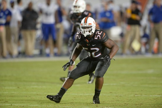 University of Miami Hurricanes linebacker Denzel Perryman #52 plays in a game against the Duke Blue Devils at Sun Life Stadium on September 27, 2014. ...