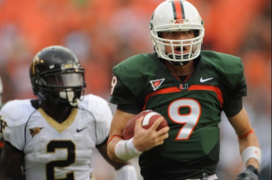 University of Miami Hurricanes quarterback Robert Marve #9 rushed for 43 yards to set up a first and goal from the three yard line leading to a Canes...