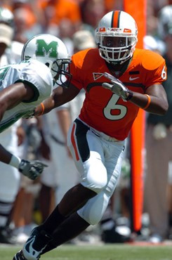 University of Miami cornerback Randy Phillips #6 had 3 solo tackles and 3 assist in a game against Marshall University at the Orange Bowl on September...