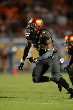 University of Miami Hurricanes linebacker Damion Owens #58 plays in a game against the Florida State Seminoles at Sun Life Stadium on November 15,...