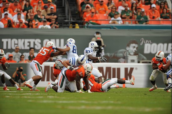 University of Miami Hurricanes defensive lineman Olivier Vemon #35 plays in a game against the Duke Blue Devils at Sun Life Stadium on November 5,...