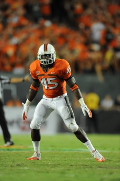 University of Miami Hurricanes linebacker Ramon Buchanan #45 plays in a game against the Ohio State Buckeyes at Sun Life Stadium on September 17,...
