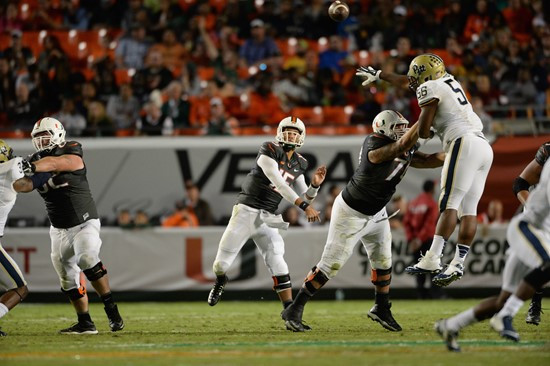University of Miami Hurricanes quarterback Brad Kaaya #15 plays in a game against The Pittsburgh Panthers at Sun Life Stadium on November 29, 2014. ...