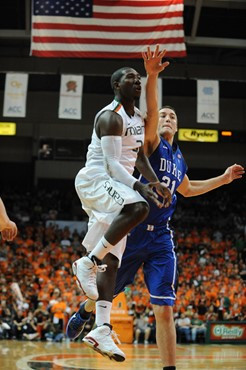 University of Miami Hurricanes guard, Malcolm Grant #3, plays host to the Duke Blue Devils at the BankUnited Center on February 13, 2011.  Photo by...