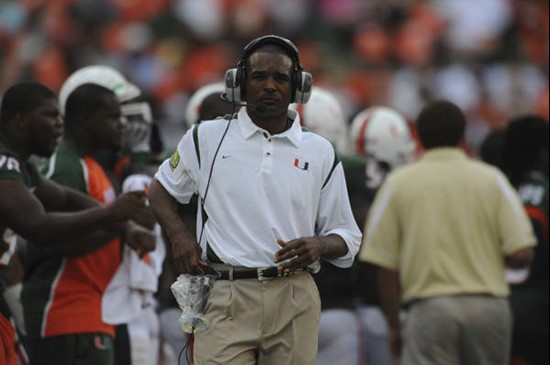 University of Miami Hurricanes head coach Randy Shannon calls in a play in a game against the Deamon Deacons of Wake Forest at Dolphin Stadium on...