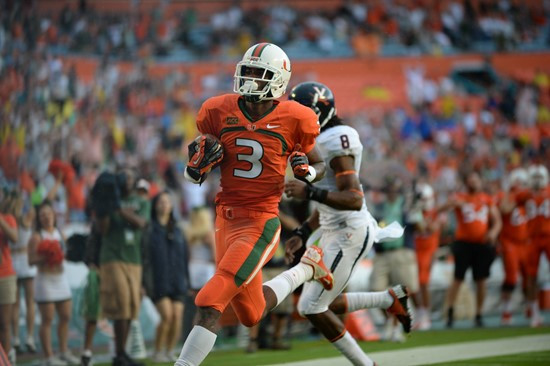 University of Miami Hurricanes wide receiver Stacy Coley #3 plays in a game against the Virginia Cavaliers at Sun Life Stadium on November 23, 2013. ...