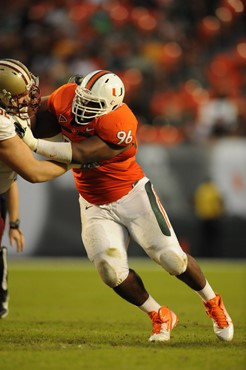 University of Miami Hurricanes defensive lineman Curtis Porter #96 plays in a game against the Boston College Eagles at Sun Life Stadium on November...
