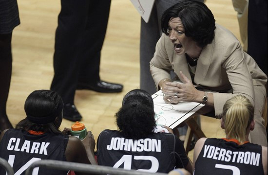 Miami coach Katie Meier, top right, talks to her team during a first-half timeout during an NCAA college basketball game against Florida State,...