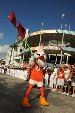Sebastian the Ibis leads the University of Miami Hurricanes through a tunnel of cheering fans in a game against the Ohio State Buckeyes at Sun Life...