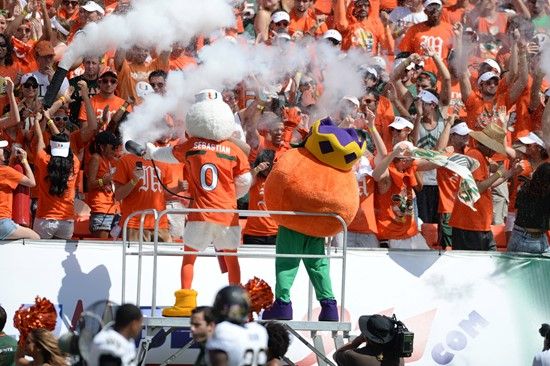 Sebastian the Ibis entertains the University of Miami Hurricane fans during a game against the Wake Forest Demon Deacons at Sun Life Stadium on...
