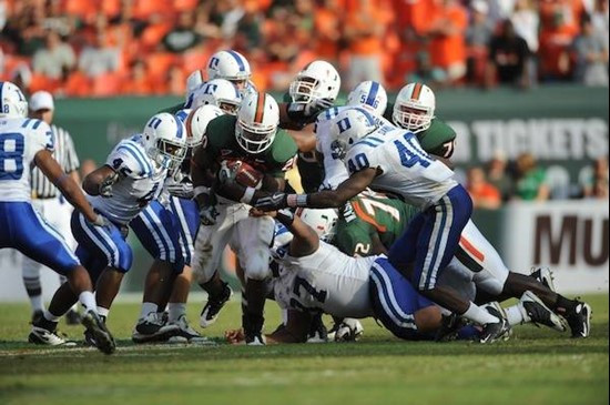 University of Miami Hurricanes running back Damien Berry #20 carries the ball against the Duke Blue Devils at Land Shark Stadium on November 21, 2009....