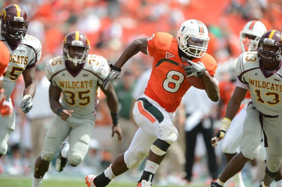 University of Miami Hurricanes running back Duke Johnson #8 plays in a game against the Bethune Cookman Wildcats at Sun Life Stadium on September 15,...
