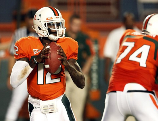 Miami quarterback Jacory Harris prepares to pass during the first half of an NCAA college football game against Florida A&M, Thursday, Sept. 2,...