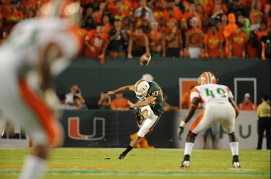 University of Miami Hurricanes kicker plays in a game against the Florida A&M Rattlers at Land Shark Stadium on October 10, 2009.  Photo by Steven...