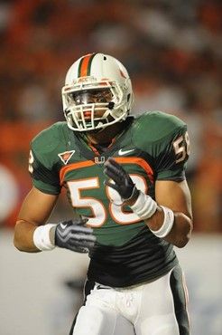 University of Miami Hurricanes linebacker Jordan Futch #58 celebrates after making a tackle in a game against the Florida A&M Rattlers at Land Shark...