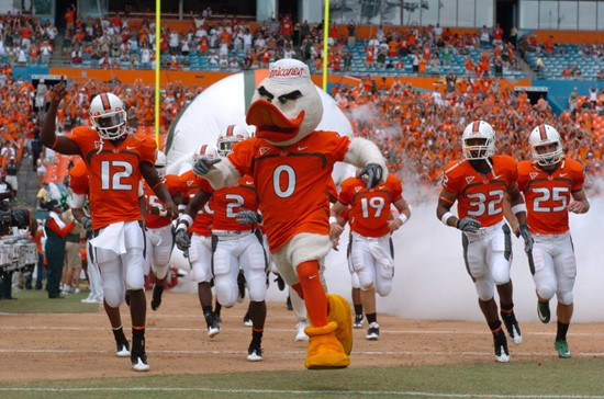 Sebastian the Ibis leads the University of Miami Hurricanes onto the field in a game against the North Carolina Tar Heels at Dolphin Stadium on...