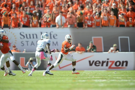 University of Miami Hurricanes running back Duke Johnson #8 plays in a game against the North Carolina Tar Heels at Sun Life Stadium on October 13,...