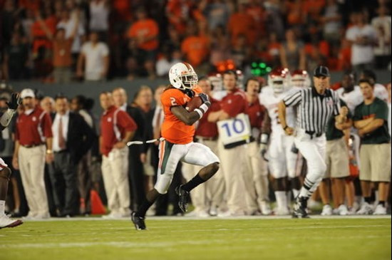 University of Miami Hurricanes running back Graig Cooper #2 plays in a game against the Oklahoma Sooners at Land Shark Stadium on October 3, 2009. ...