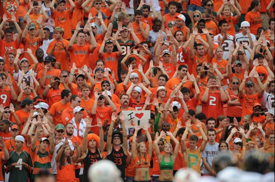 University of Miami Hurricane fans show their team spirit in a game against the Deamon Deacons of Wake Forest at Dolphin Stadium on October 25, 2008. ...