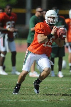 University of Miami Hurricanes players Spencer Whipple #16 at Cobb Stadium training for the upcoming 2010 season. The practice was open for Season...