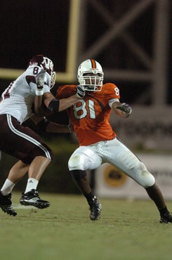 University of Miami defensive end Calais Campbell #81 in a game against the Texas A&M Aggies at the Orange Bowl on September 20, 2007. The Hurricanes...