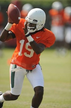 University of Miami Hurricanes running back Darion Hall #19 practices at Greentree Practice Field on August 13 in afternoon drills to prepare for the...
