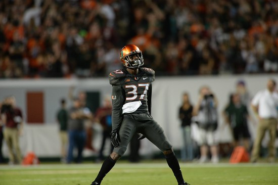 University of Miami Hurricanes defensive back Ladarius Gunter #37 plays in a game against the Florida State Seminoles at Sun Life Stadium on November...