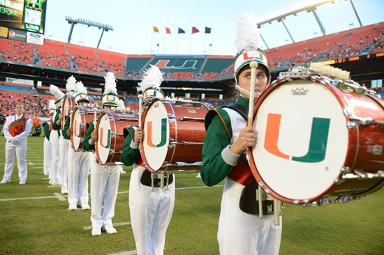 The University of Miami Band of the hour performs before a game against the Savannah State Tigers at Sun Life Stadium on September 21, 2013. Photo by...